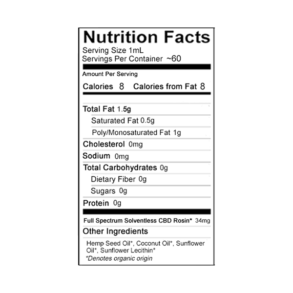 VetsGrade® | Relief + Solventless CBD Tincture Nutritional Facts Label.