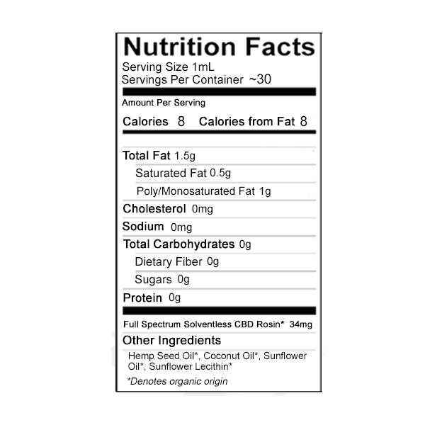 VetsGrade® | Relief + Solventless CBD Tincture Nutritional Facts Label.